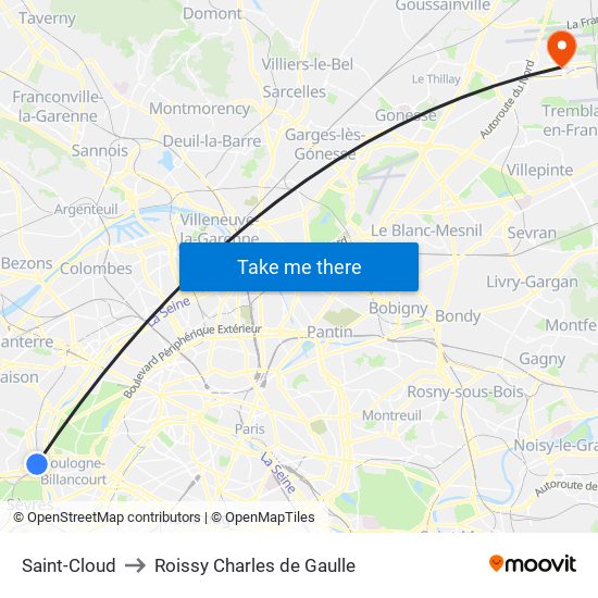 Saint-Cloud to Roissy Charles de Gaulle map