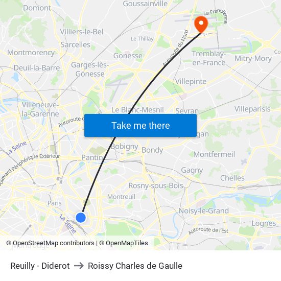 Reuilly - Diderot to Roissy Charles de Gaulle map