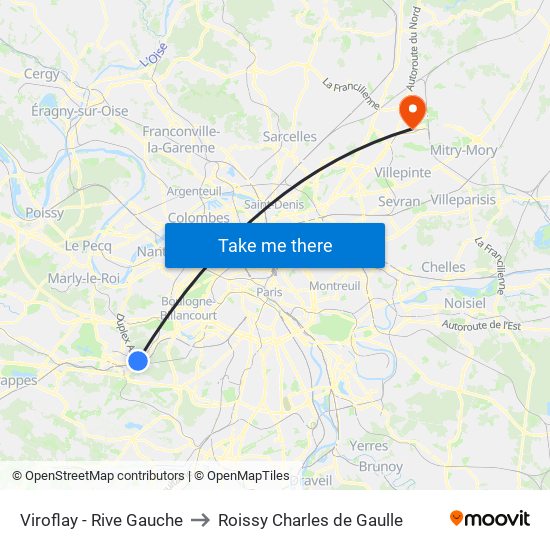 Viroflay - Rive Gauche to Roissy Charles de Gaulle map