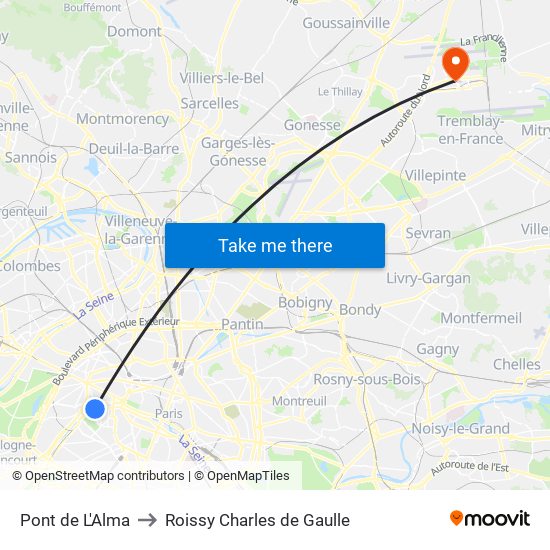 Pont de L'Alma to Roissy Charles de Gaulle map