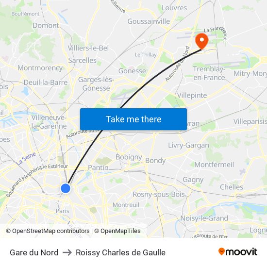 Gare du Nord to Roissy Charles de Gaulle map