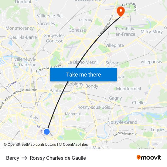 Bercy to Roissy Charles de Gaulle map