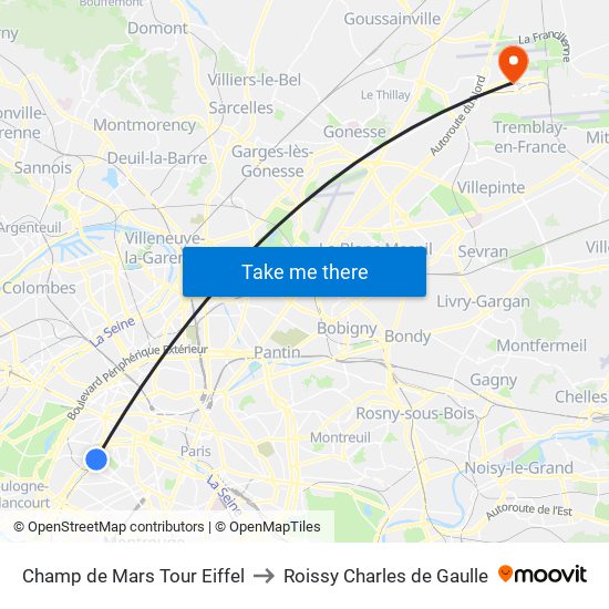 Champ de Mars Tour Eiffel to Roissy Charles de Gaulle map