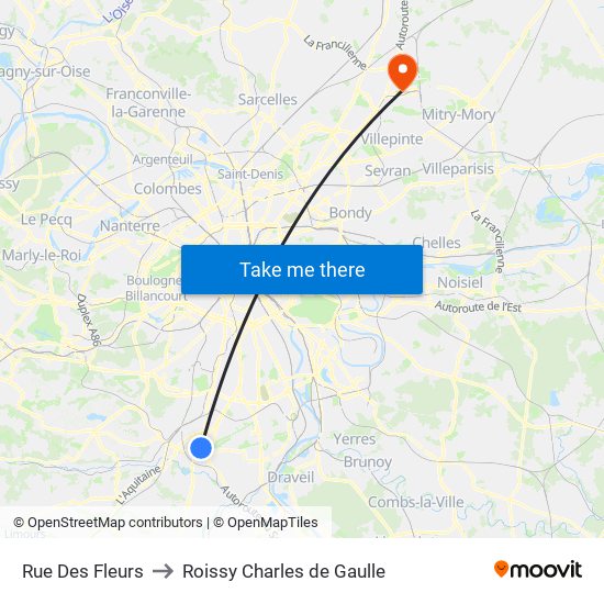 Rue Des Fleurs to Roissy Charles de Gaulle map