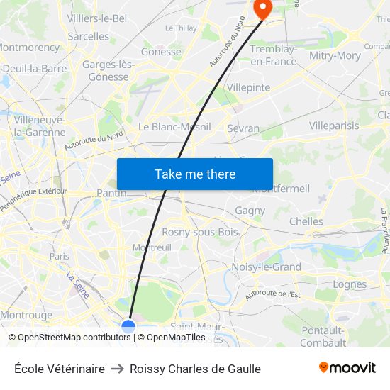 École Vétérinaire to Roissy Charles de Gaulle map