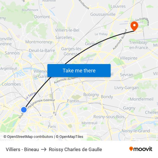 Villiers - Bineau to Roissy Charles de Gaulle map