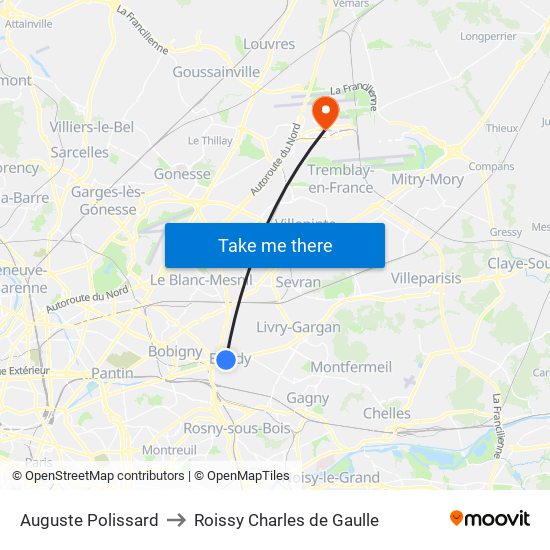 Auguste Polissard to Roissy Charles de Gaulle map