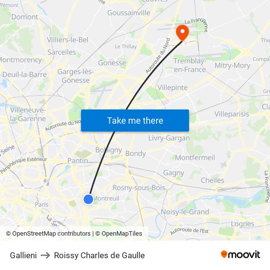 Gallieni to Roissy Charles de Gaulle map