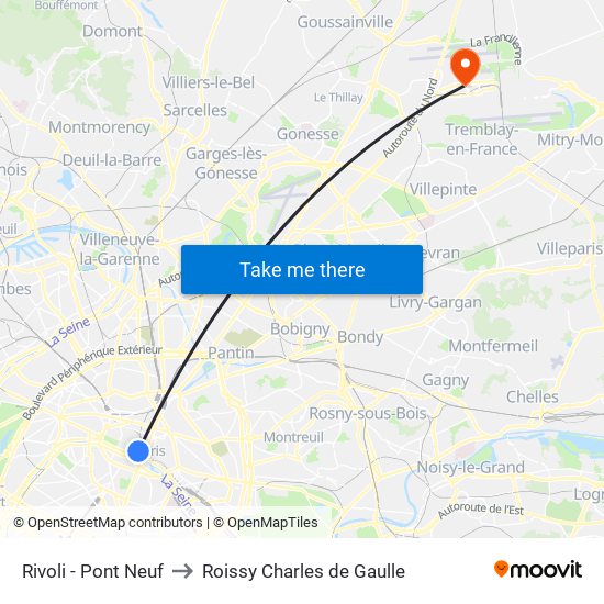 Rivoli - Pont Neuf to Roissy Charles de Gaulle map