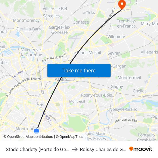 Stade Charléty (Porte de Gentilly) to Roissy Charles de Gaulle map