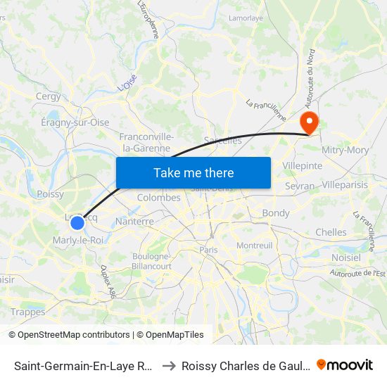 Saint-Germain-En-Laye RER to Roissy Charles de Gaulle map