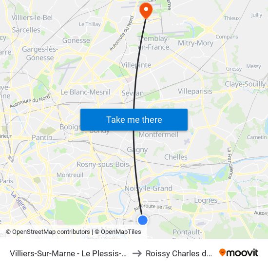 Villiers-Sur-Marne - Le Plessis-Trévise RER to Roissy Charles de Gaulle map