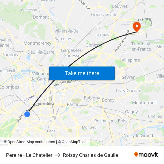 Pereire - Le Chatelier to Roissy Charles de Gaulle map