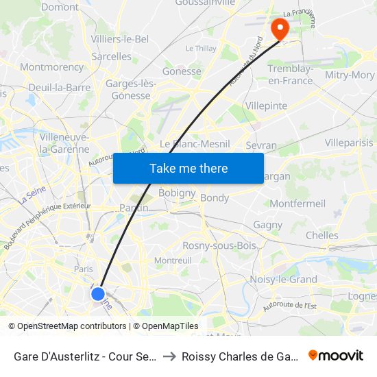Gare D'Austerlitz - Cour Seine to Roissy Charles de Gaulle map