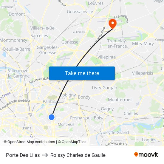 Porte Des Lilas to Roissy Charles de Gaulle map