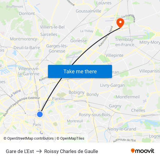 Gare de L'Est to Roissy Charles de Gaulle map