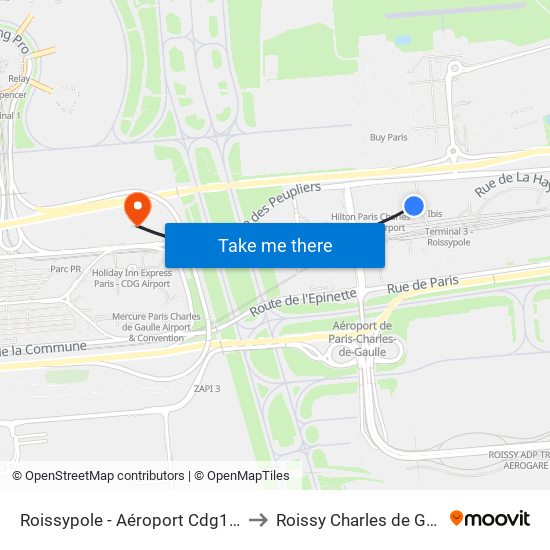 Roissypole - Aéroport Cdg1 (D1) to Roissy Charles de Gaulle map