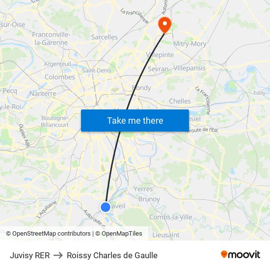 Juvisy RER to Roissy Charles de Gaulle map