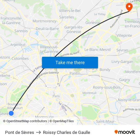 Pont de Sèvres to Roissy Charles de Gaulle map