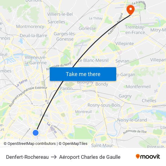 Denfert-Rochereau to Aéroport Charles de Gaulle map