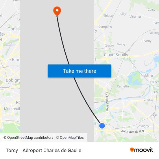 Torcy to Aéroport Charles de Gaulle map
