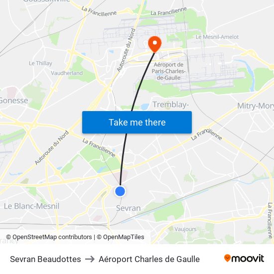 Sevran Beaudottes to Aéroport Charles de Gaulle map