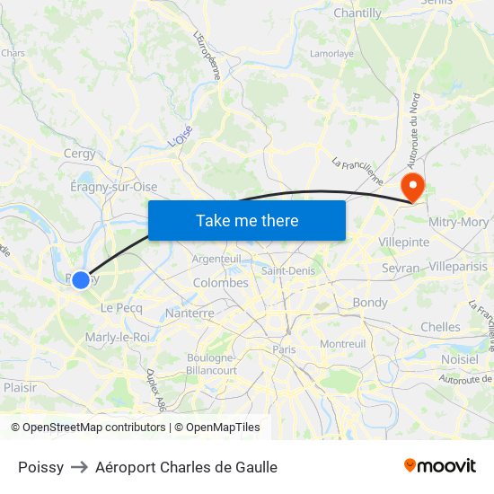 Poissy to Aéroport Charles de Gaulle map