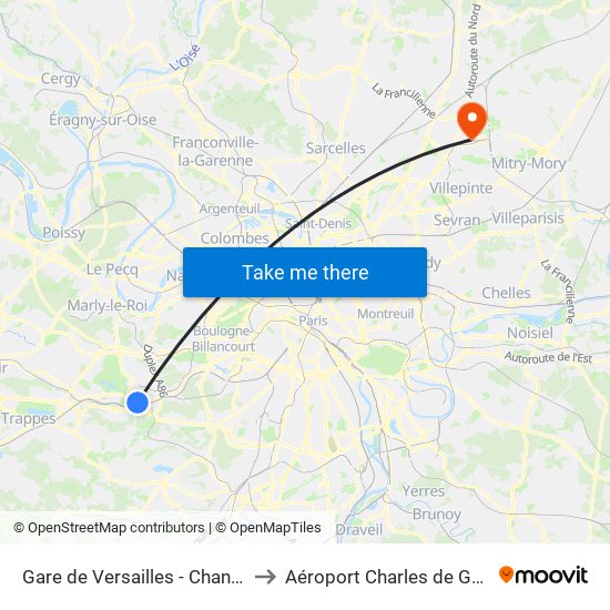 Gare de Versailles - Chantiers to Aéroport Charles de Gaulle map