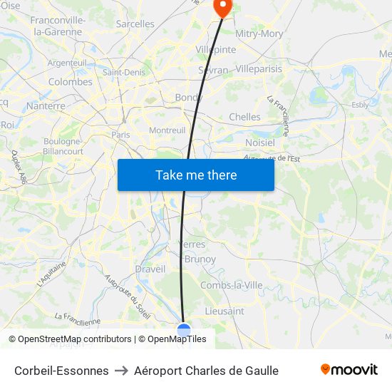 Corbeil-Essonnes to Aéroport Charles de Gaulle map