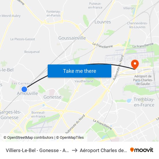 Villiers-Le-Bel - Gonesse - Arnouville to Aéroport Charles de Gaulle map