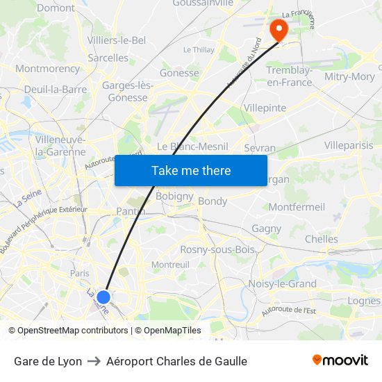 Gare de Lyon to Aéroport Charles de Gaulle map