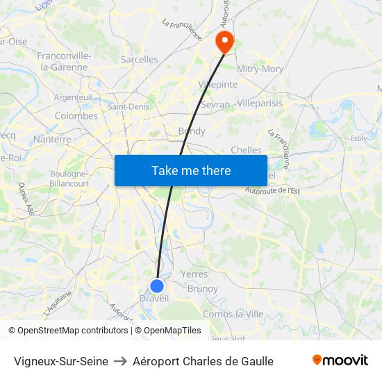 Vigneux-Sur-Seine to Aéroport Charles de Gaulle map