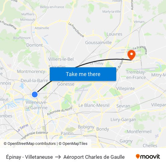 Épinay - Villetaneuse to Aéroport Charles de Gaulle map