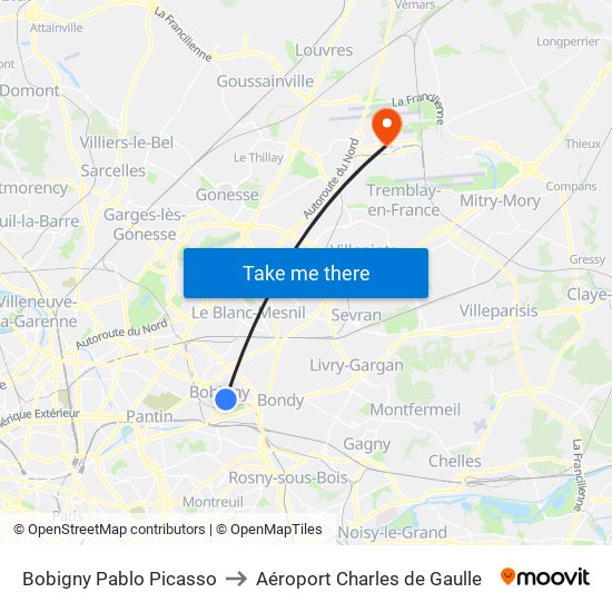 Bobigny Pablo Picasso to Aéroport Charles de Gaulle map