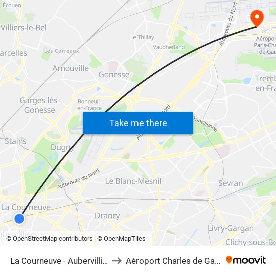 La Courneuve - Aubervilliers to Aéroport Charles de Gaulle map