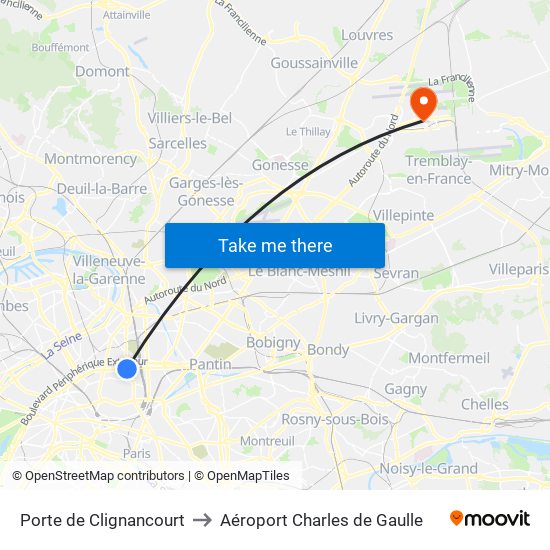 Porte de Clignancourt to Aéroport Charles de Gaulle map