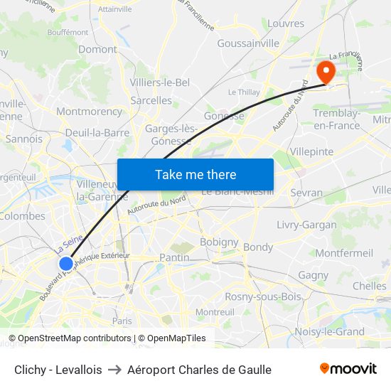 Clichy - Levallois to Aéroport Charles de Gaulle map