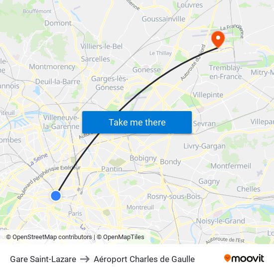 Gare Saint-Lazare to Aéroport Charles de Gaulle map