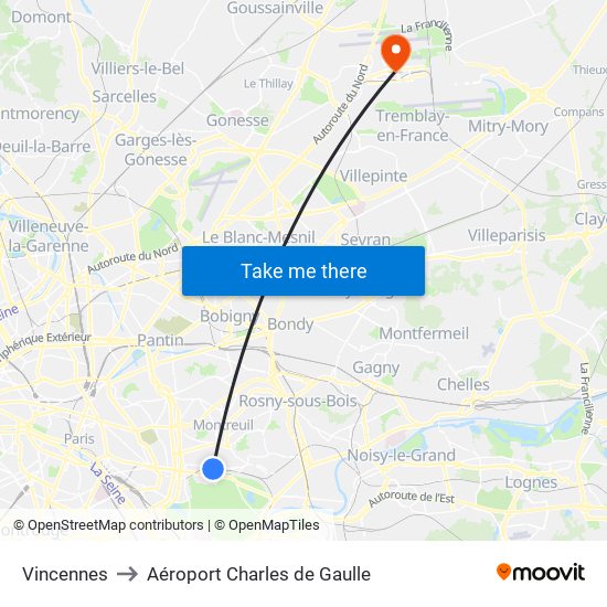 Vincennes to Aéroport Charles de Gaulle map