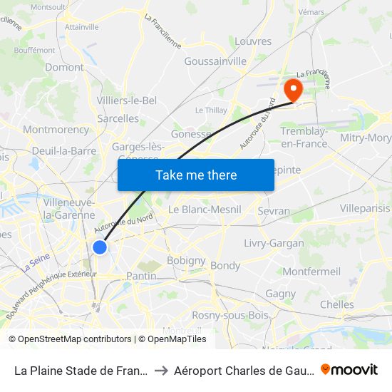 La Plaine Stade de France to Aéroport Charles de Gaulle map