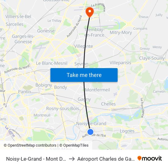 Noisy-Le-Grand - Mont D'Est to Aéroport Charles de Gaulle map