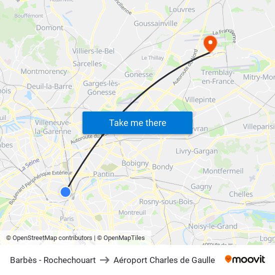 Barbès - Rochechouart to Aéroport Charles de Gaulle map