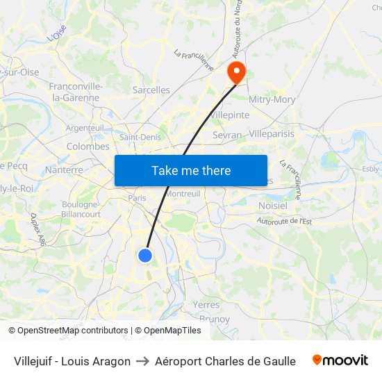 Villejuif - Louis Aragon to Aéroport Charles de Gaulle map