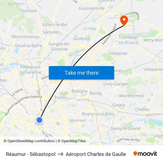 Réaumur - Sébastopol to Aéroport Charles de Gaulle map