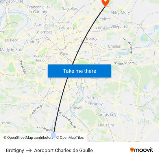 Brétigny to Aéroport Charles de Gaulle map