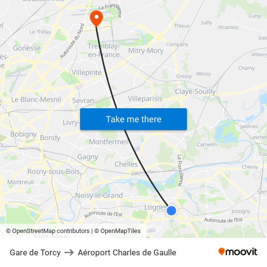 Gare de Torcy to Aéroport Charles de Gaulle map