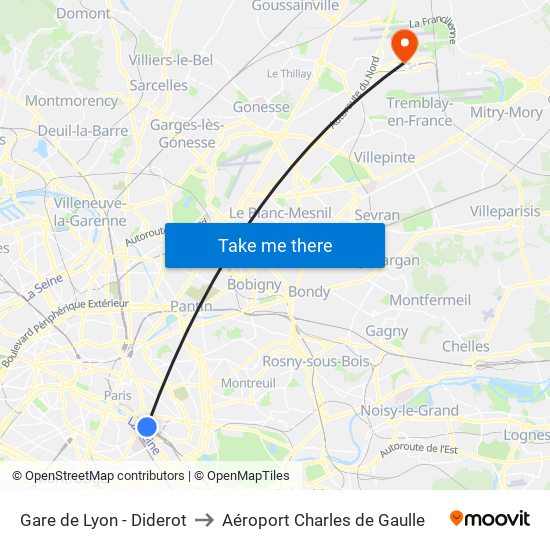 Gare de Lyon - Diderot to Aéroport Charles de Gaulle map