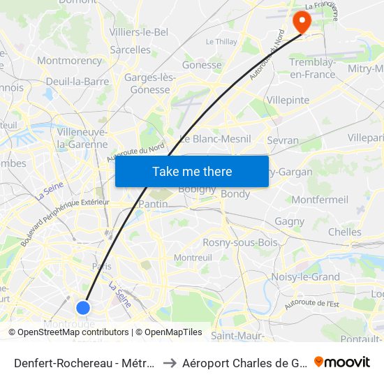 Denfert-Rochereau - Métro-Rer to Aéroport Charles de Gaulle map