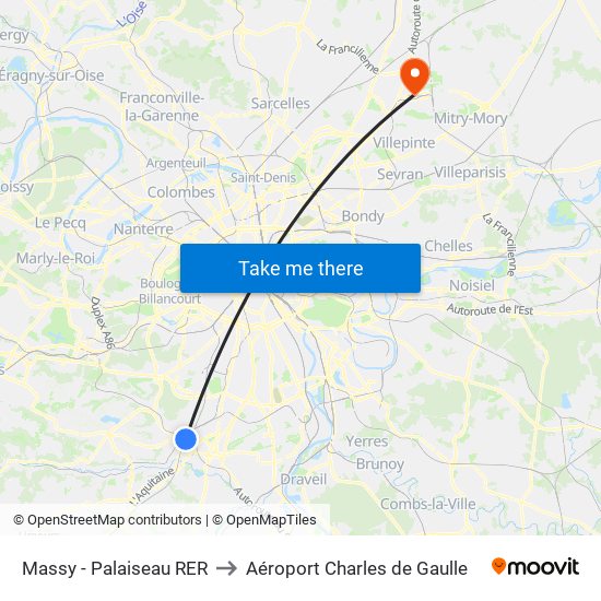 Massy - Palaiseau RER to Aéroport Charles de Gaulle map