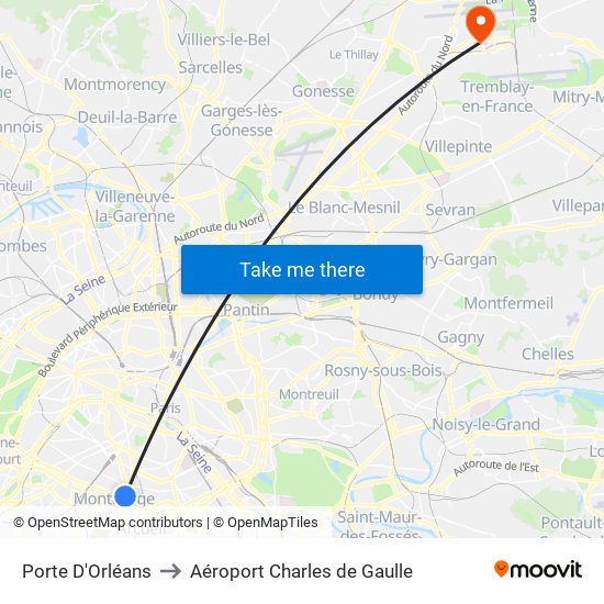 Porte D'Orléans to Aéroport Charles de Gaulle map